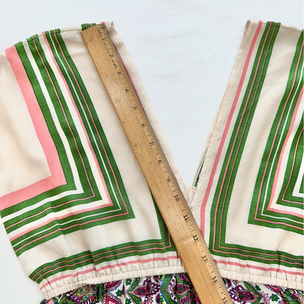 Flying Tomato Boho V Neck Cream/Green/Pink Floral Flowy Top Blouse Size Large - Picture 6 of 8